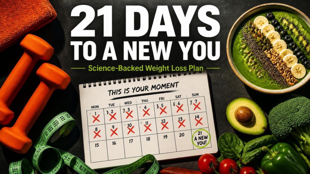 21 day weight loss plan calendar with fitness tools and healthy food
