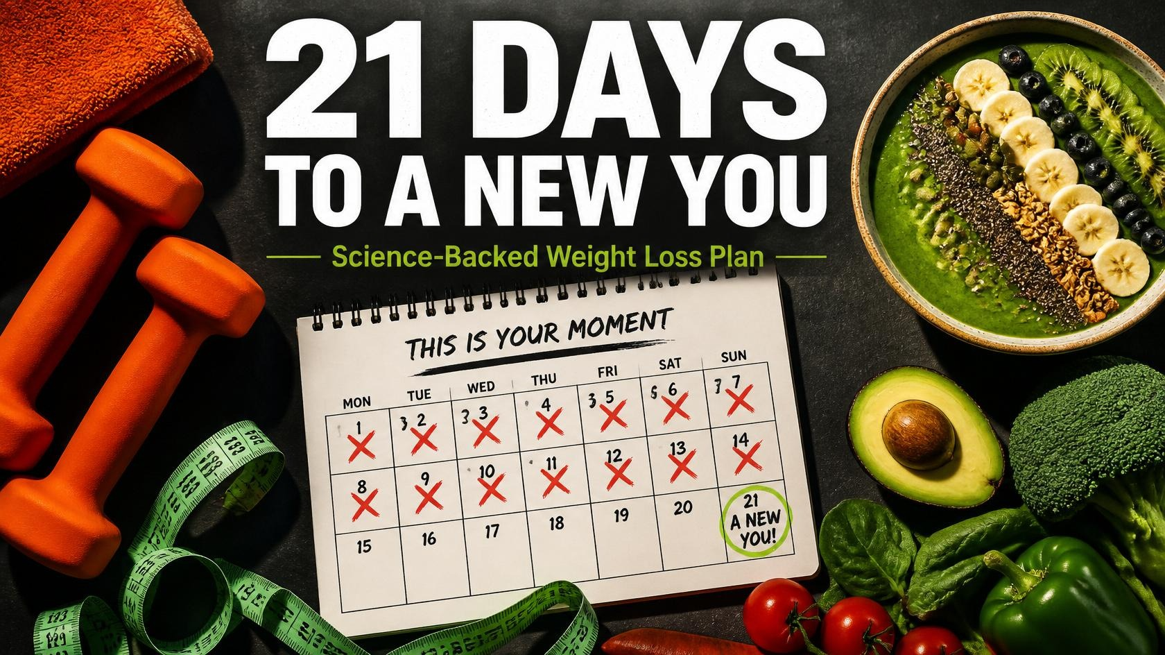 21 day weight loss plan calendar with fitness tools and healthy food
